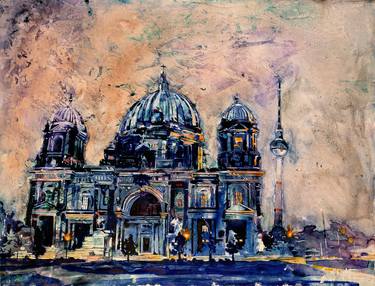 Cathedral in Berlin, Germany watercolor painting.  Watercolor painting on YUPO thumb
