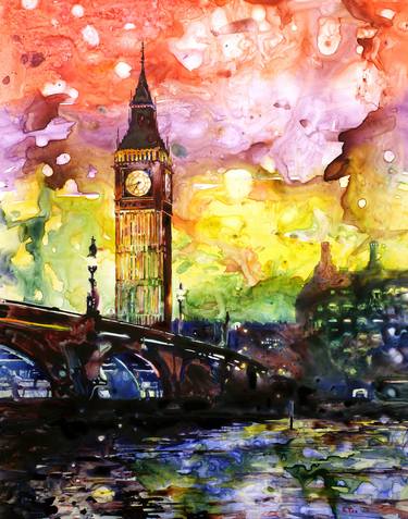 Watercolor painting on YUPO synthetic paper of Big Ben (Clock Tower) at sunset- London, England thumb