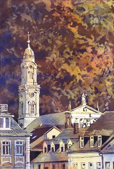 Watercolor painting of steeple of 13th century Church of the Holy Spirit in UNESCO World Heritage city of Heidelberg, Germany thumb