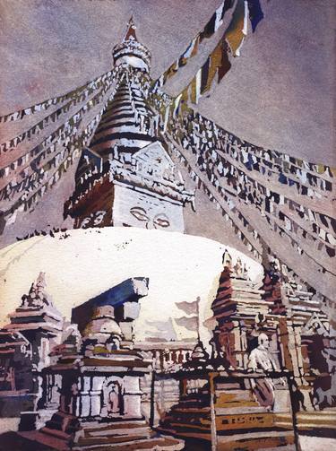 Fine art poured watercolor painting of Swayambhunath Buddhist stupa in the Kathmandu Valley- Nepal thumb