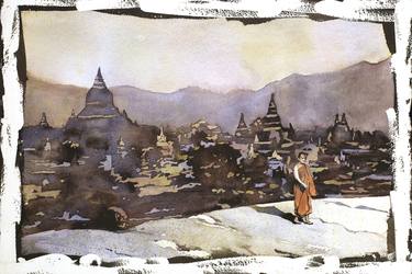 Fine art watercolor painting of Buddhist monk with ruined stupas of former city of Bagan in background- Myanmar thumb