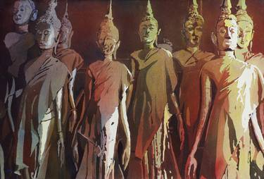 Fine art watercolor painting of saffron draped statues at Buddhist wat in the colonial city of Vientiane- Laos thumb