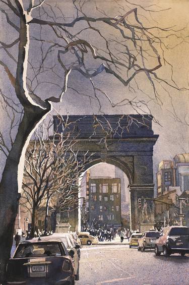 Watercolor painting of Triumphal Arch in Washington Square at dusk- New York City, New York (USA). thumb