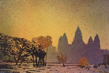 Watercolor painting of prangs of ruined temple of Angkor Wat at dawn- near Siem Reap, Cambodia. thumb