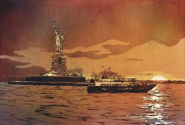 Statue of Liberty on Liberty Island at sunset- New York City, New York.  Watercolor painting thumb