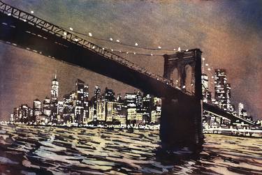 Brooklyn Bridge and skyscrapers of Manhattan at sunset in New York City- New York, USA.  Watercolor painting. thumb