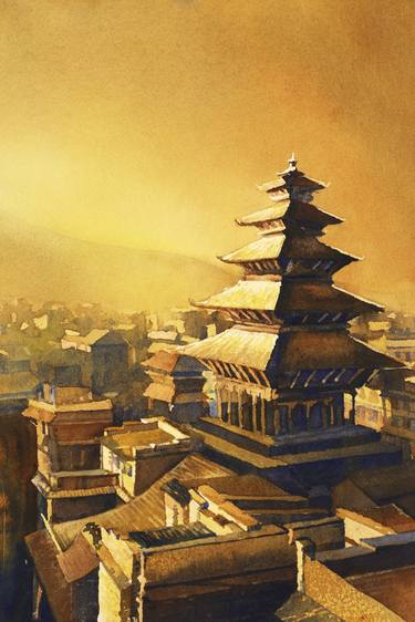 Watercolor painting of the Nyatapola Temple in the UNESCO World Heritage city of Bhaktapur- Kathmandu Valley, Nepal thumb