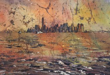 Watercolor batik painting of skyline of Manhattan and World Trade Center at dusk- New York City, New York thumb