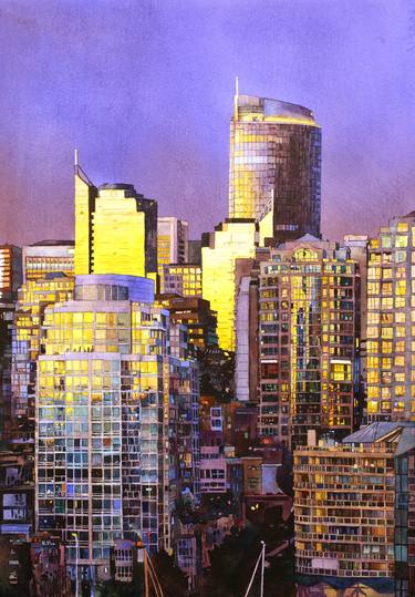 Fine art watercolor painting of downtown skyscrapers and high rise buildings of Vancouver, British Columbia at sunset- Canada thumb