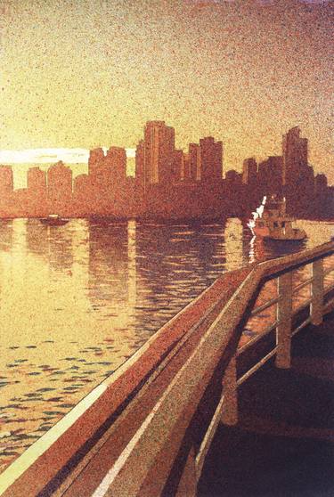 Mouth atomized watercolor painting of boats and skyline of downtown Vancouver- British Columbia, Canada thumb