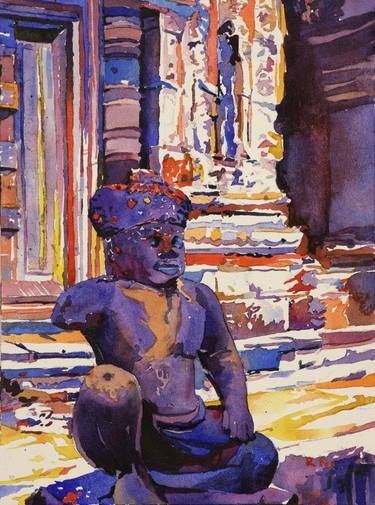 Watercolor painting of Statue at ruined Khmer temple of Banteay Srei at Angkor Wat archaeological park near Siem Reap, Cambodia. thumb