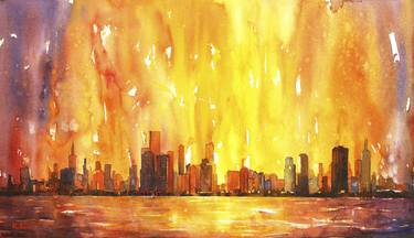 Watercolor painting of skycrapers of downtown Chicago as viewed from Lake Michigan by Raleigh, NC artist Ryan Fox thumb