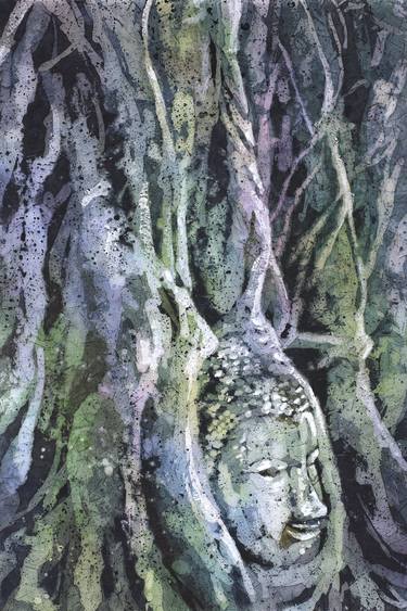 Watercolor batik painting on rice paper of ruined Buddha head overgrown by sycamore roots at UNESCO World Heritage ruins of Ayutthaya, Thailand. thumb
