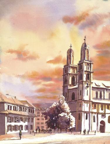 Fine art watercolor painting of the 12th century Grossmunster church in medieval Zurich, Switzerland. thumb