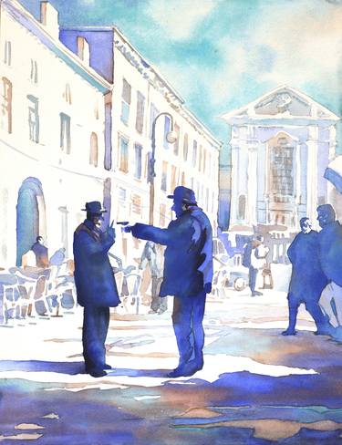 Watercolor painting of two old men arguing in piazza in Italy. thumb