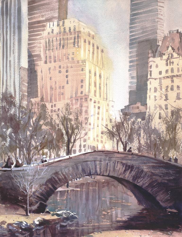 Watercolor painting of skyscrapers rising above iconic bridge in