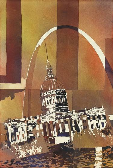 Poured watercolor painting of St. Louis Old Courthouse and Gateway Arch.  Watercolor painting St. Louis. thumb