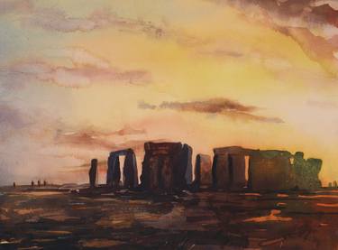 Fine art watercolor painting of prehistoric monument of Stonehenge silhouetted at sunset in the English countryside thumb