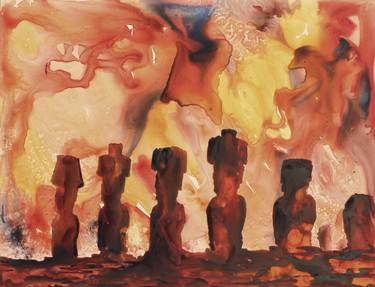 Easter Island Moai heads silhouetted at sunset- Chile.  Watercolor painting of Moai statues on Easter Island, Chile thumb