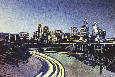 Skyline of Charlotte, NC at sunrise.  Watercolor painting using a mouth atomizing technique. thumb