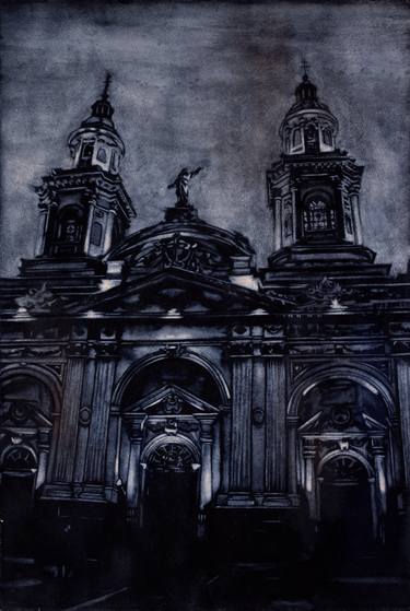 Watercolor painting of the neo-classical facade of the Cathedral on the Plaza de Armas in Santiago, Chile thumb