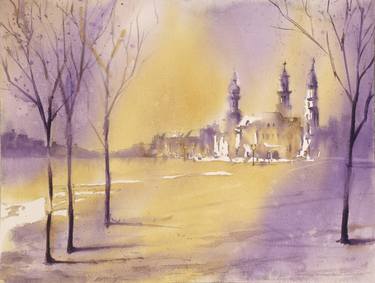 Imagined cityscape with church steeples in distance.  Watercolor painting.  Original watercolor. thumb
