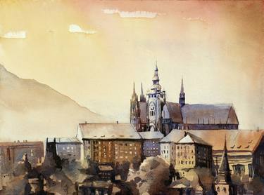 Watercolor painting of Castle at sunset in the medieval city of Prague- Czech Republic. thumb