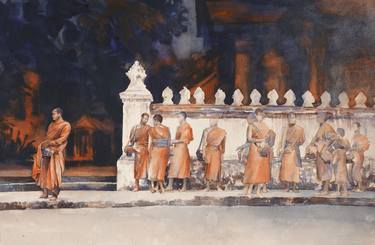 Watercolor painting of saffron dressed Buddhist monks outside of Wat in Luang Prabang, Laos. thumb