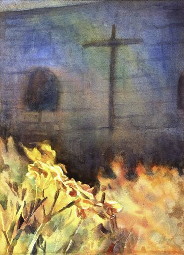 Watercolor painting of flowers and cross inside the Monastery of Santa Catalina in the city of Arequipa, Peru. thumb
