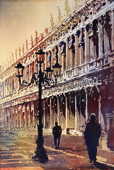 Watercolor painting of medieval architecture on St. Mark's Square in Venice, Italy.  Poured watercolor painting by Ryan Fox thumb