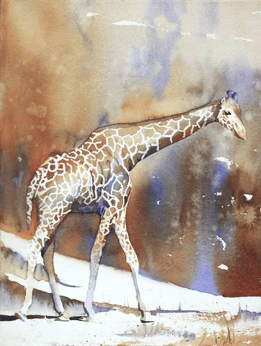 Fine art watercolor painting of giraffe at zoo.  Art painting of giraffe.  Giraffe art.  Giraffe watercolor thumb