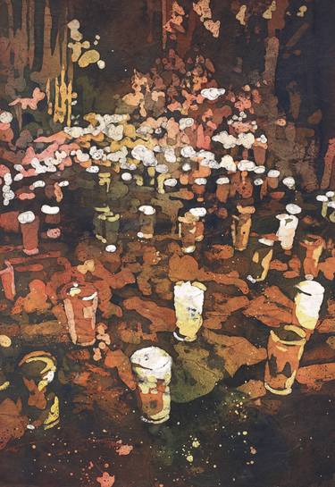 Candles in graveyard during Day of the Dead in Patzcuaro, Mexico.  Watercolor batik on rice paper. thumb