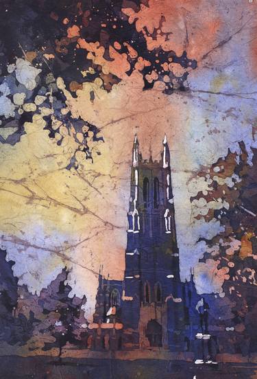 Watercolor painting of Duke Chapel on the Duke University campus- Durham, North Carolina (USA). thumb