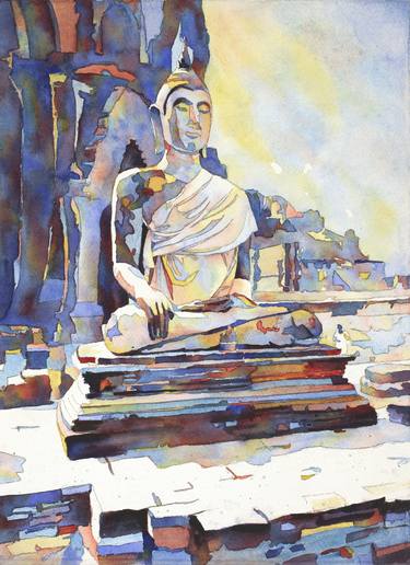 Watercolor painting Seated Buddha Sukothai ruins- Thailand thumb