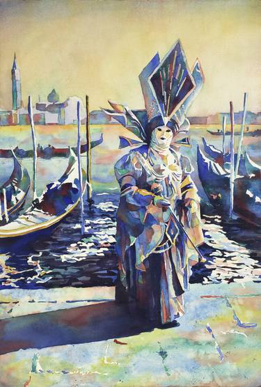 Watercolor painting of  masked person during Carnival in Venice, Italy.  Venice painting Italy artwork home decor Carnival wall art watercolor thumb