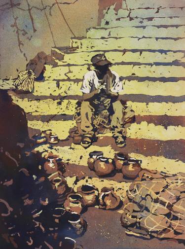 Watercolor painting of ceramic pot vendor sitting on steps at the tourist market of Chichicastenango- Guatemala thumb