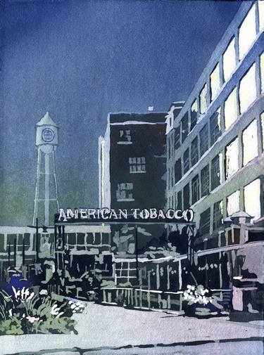 Watercolor painting of chimney and water tower on the American Tobacco Campus in downtown Durham, NC at sunset. thumb