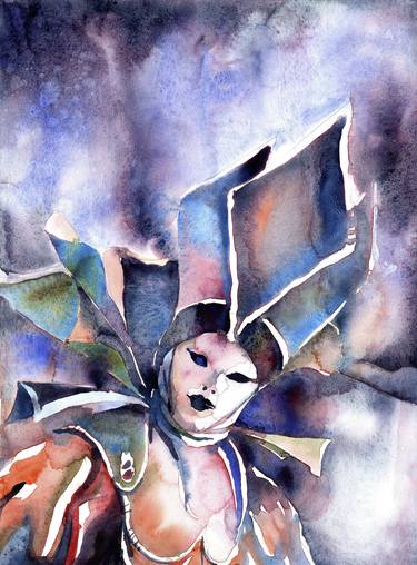 Watercolor painting of  masked person during Carnival in Venice, Italy.  Venice painting Italy artwork home decor Carnival wall art watercolor thumb