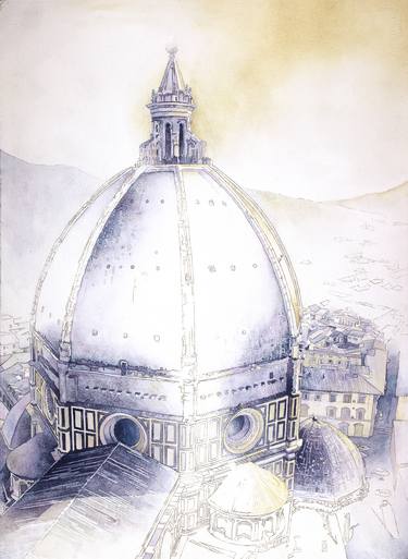 Watercolor of the historic Duomo and cityscape of Florence from atop Giotto's bell-tower- Florence, Italy thumb