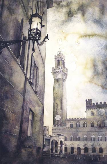 Piazza del Campo in medieval city of Siena, Italy.  Watercolor thumb