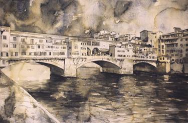 Ponte Vecchio bridge in medieval city of Florenc, Italy.  Watercolor of Ponte Vecchio, Florence art thumb
