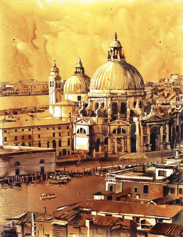 Basilica di Santa Maria in Venice, Italy.  Watercolor painting of Venice Italy artwork fine art painting yellow home decor Venice thumb