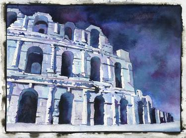Roman Coliseum in the city of El-Djem, Tunisia.  Watercolor painting of Roman Coliseum in Tunisia Africa, wall art Coliseum, ruins Tunisia thumb