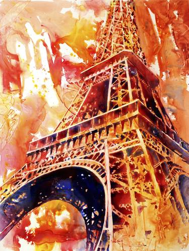 Watercolor painting of the iron lattice of the Eiffel Tower in Paris, France on YUPO synthetic paper by Raleigh, NC artist Ryan Fox thumb