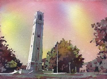 Painting of the North Carolina Statue University Bell-Tower in Raleigh, NC at dusk. NCSU artwork bell tower thumb