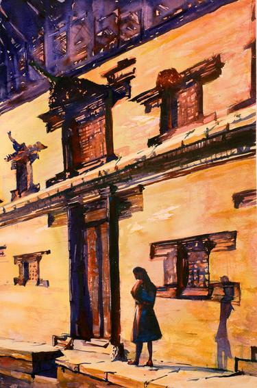 Watercolor painting of woman walking by Newari architecture in Durbar Square, Kathmandu. thumb