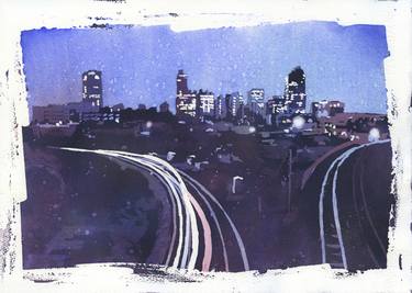 Watercolor painting of skyline of downtown Raleigh, NC at sunrise.  Watercolor painting Raleigh thumb