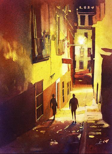 Watercolor painting of people in callejon (alleyway) in the colonial mining city of Guanajuato- Mexico thumb