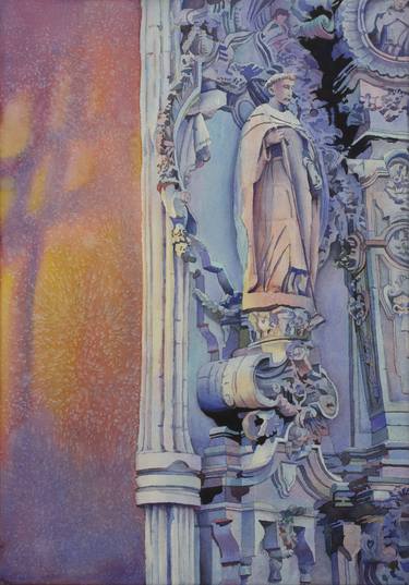 Fine art watercolor painting of statue on exterior of church in the UNESCO World Heritage city of Guanajuato, Mexico thumb
