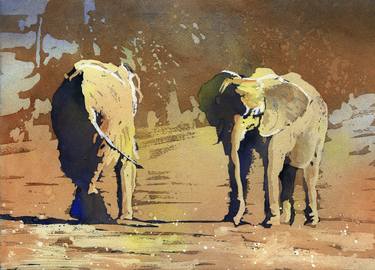 Painting of elephants passing each other in field.  Colorful watercolor of elephants. thumb
